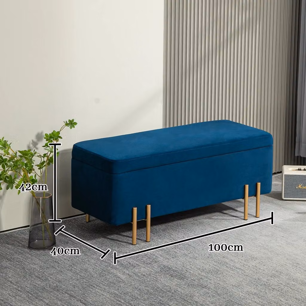 Panca contenitore imbottita in tessuto blu con piedi in metallo e legno L: 100 cm, P: 40 cm, H: 42 cm – 2