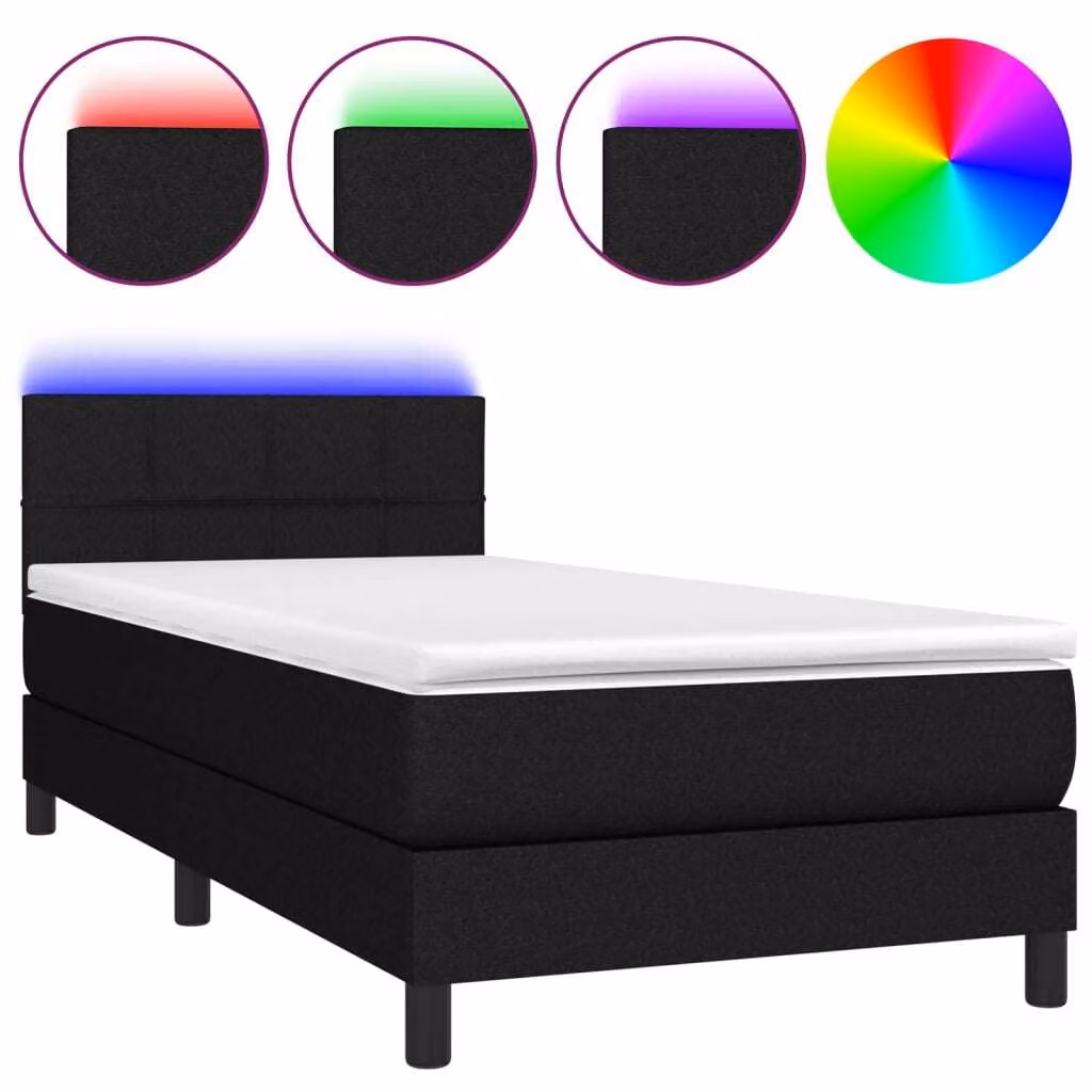 Letto a Molle con Materasso e LED Nero 100x200 cm in Tessuto