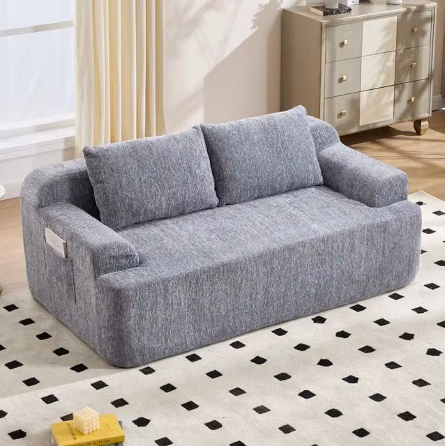 Divano letto in tessuto grigio con 2 cuscini e rivestimenti sfoderabili