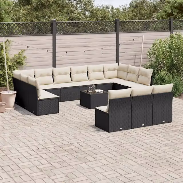 Set di Divani da Giardino VIDAXL a Forma di U in Polyrattan Nero con Cuscini, 14 Pezzi