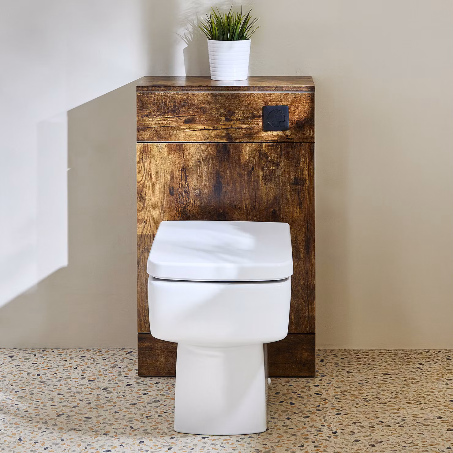 Mobile WC da 500 con Sanitario Exton - Rovere Scuro - Pulsante di Scarico Nero - Cluo