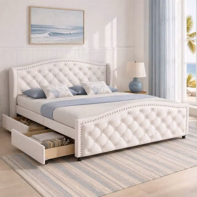 Letto imbottito 140x200 cm con rete a doghe; 2 cassetti e testiera trapuntata in PU bianco