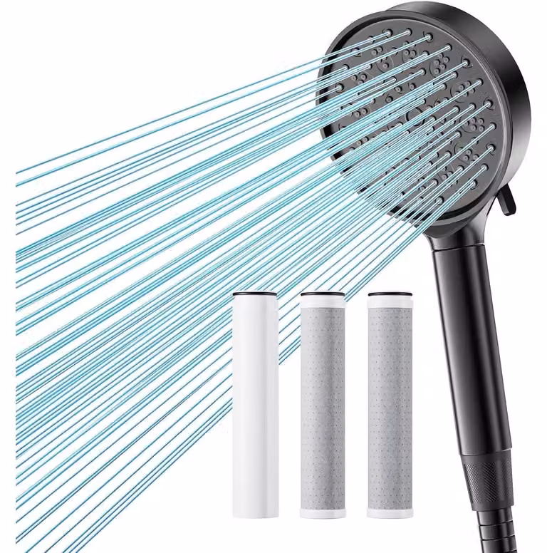 Doccia con flessibile, 6 tipi di getto, filtro a 20 strati, 2 filtri a carbone di ricambio, alta pressione, soffione a risparmio idrico, anticalcare, adatto per acqua dura, elimina il cloro, colore nero