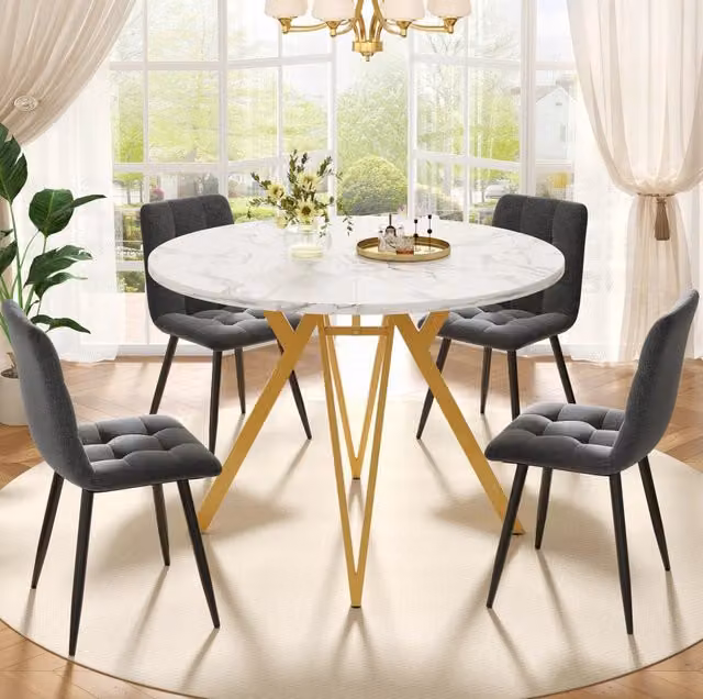 Set tavolo da pranzo rotondo 100 cm con 4 sedie grigie e gambe in metallo dorato