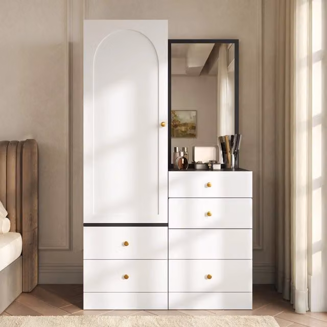 Armadio guardaroba moderno con specchio e sgabello estraibile, bianco e nero, L: 90 cm, P: 50,5 cm, H: 160 cm