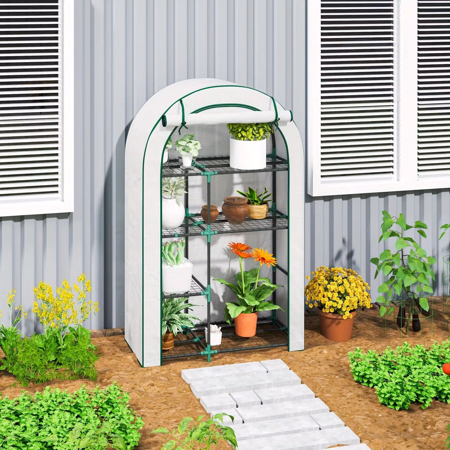 Kweekkas – Serretta compatta per balcone, con tetto curvo, struttura in metallo bianco, porta e ripiani, dimensioni 100x45x160 cm
