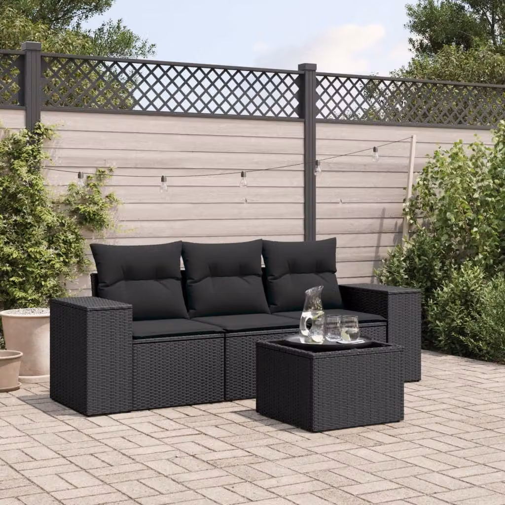 Set da giardino vidaXL composto da 4 pezzi in polyrattan nero con cuscini inclusi e tavolino da esterno – 1