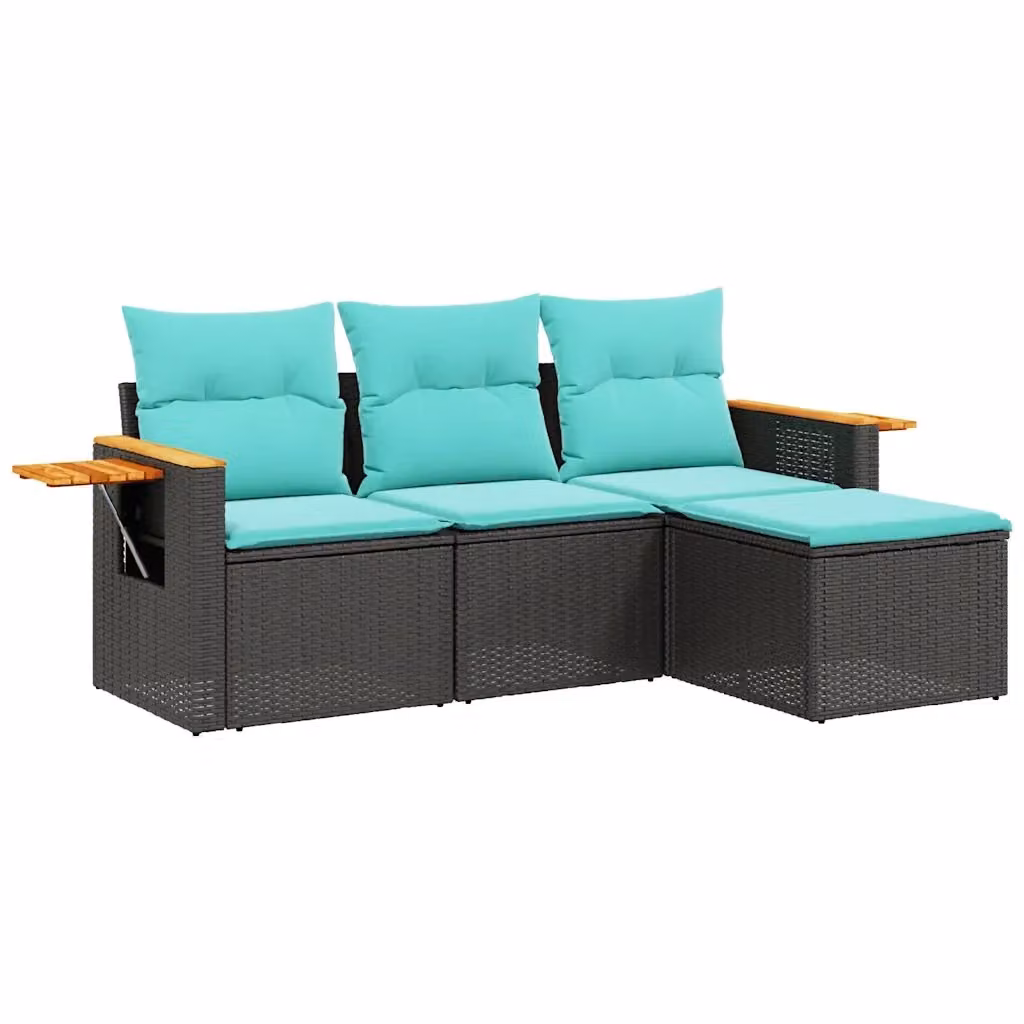 Set di Divani da Giardino a L VIDAXL in Polyrattan con Cuscini, Nero, Blu o Turchese – 2