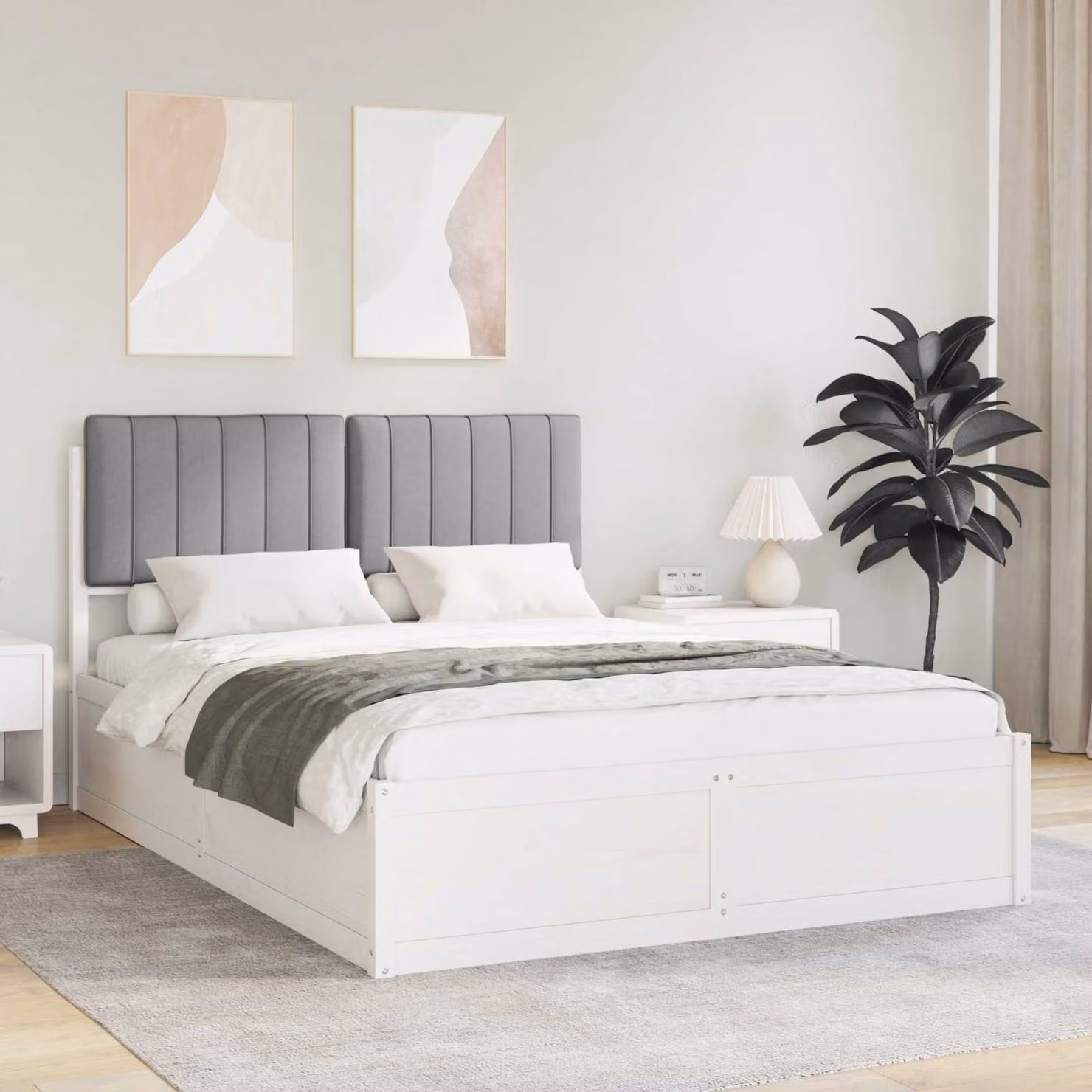 Letto con Testiera Rivestita vidaXL in Legno di Pino e Tessuto Grigio L: 135 cm, P: 190 cm – 1