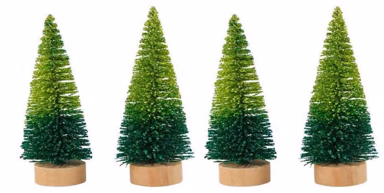 Set di 4 mini alberi di Natale artificiali, dimensioni 4,5 cm x 10,5 cm, colore verde chiaro e verde scuro
