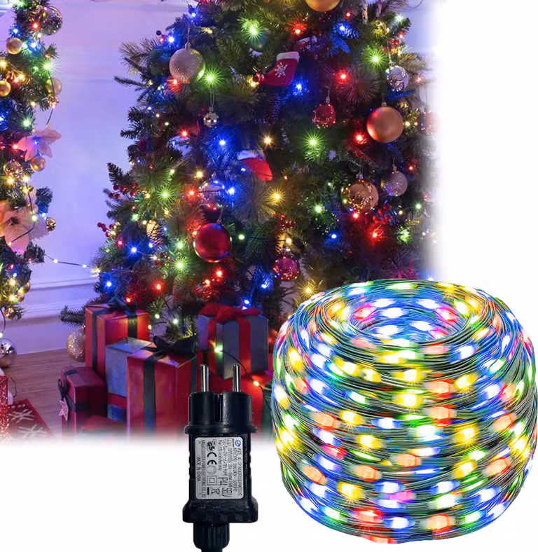 Ghirlanda luminosa a LED multicolore, 10 m, 100 LED, cavo verde, funzione di memorizzazione e 8 modalità, Natale, IP65, per esterni, giardino, albero di Natale