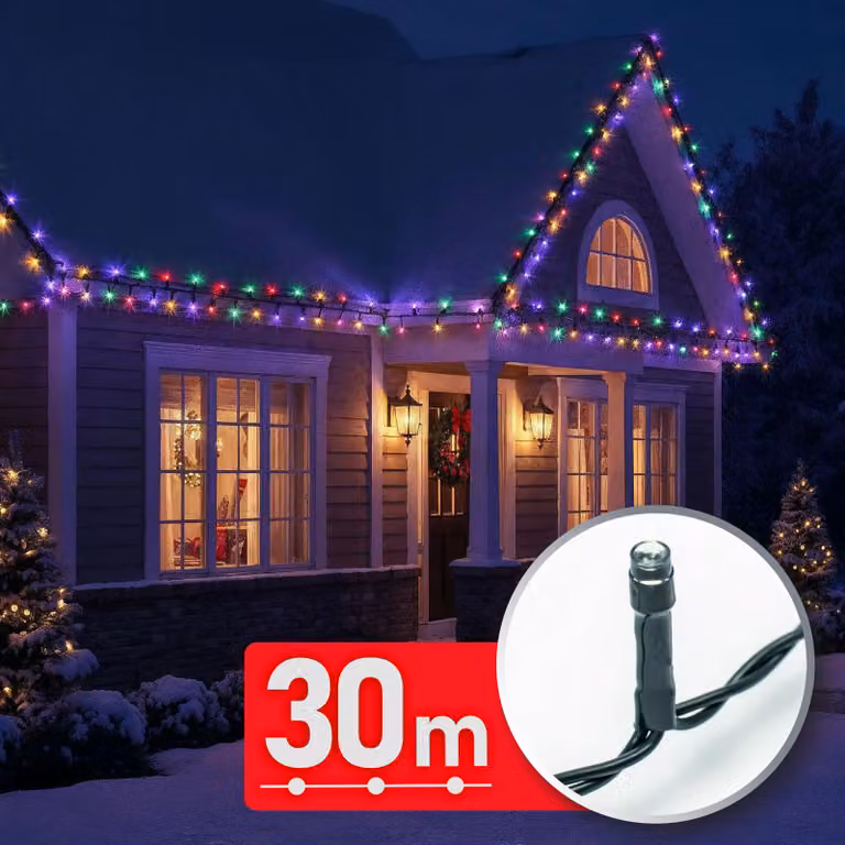 Luci natalizie a LED - 30 m di luci fiabesche con 600 LED - multicolore - 8 modalità di luce con timer e funzione di memoria - cavo verde - per uso interno ed esterno - 220-240 V - 6 W [59769]