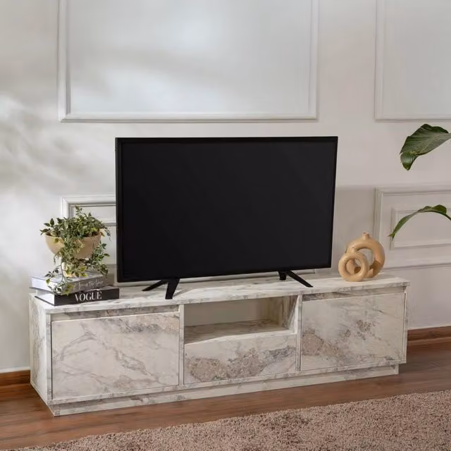 Mobile porta TV Morrigan DMORA, Credenza da soggiorno moderna in bianco e marmo, L: 160 cm, P: 29,5 cm, H: 42 cm – 1