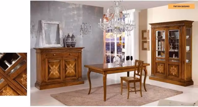 Tavolo da soggiorno e sala da pranzo estensibile Regina in legno con intarsio geometrico color noce di MOBILI 2G – 1