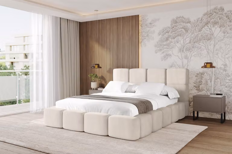 Letto imbottito ALTDECOR con contenitore - NATA 160x200 beige, letto con testiera, letto contenitore con materasso H3/H4, letto matrimoniale con contenitore