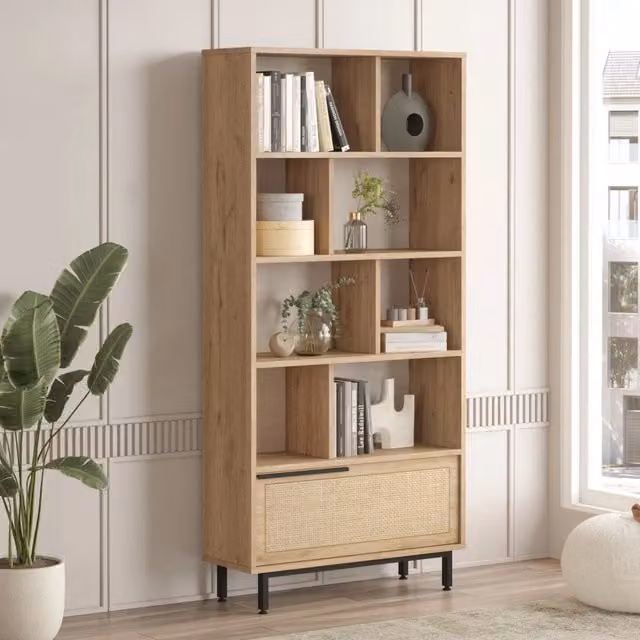Libreria Scaffale Espositore Kvænangen en.casa in Rovere e Rattan, H 175,5 cm x L 84 cm x P 29,5 cm