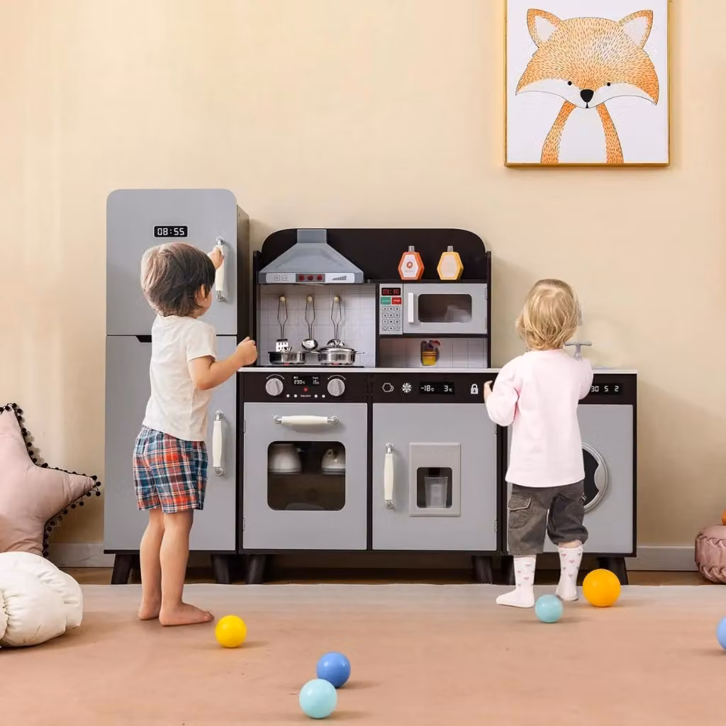 Cucina Giocattolo Costway con Frigorifero, Lavatrice e Forno con Luci e Suoni, Marrone – 2