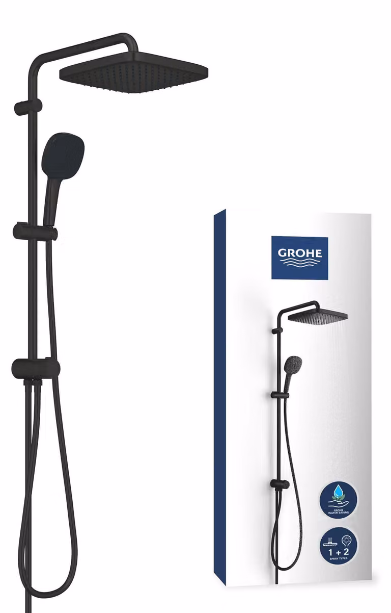 Sistema doccia Vitalio Comfort 250 Flex, soffione da 25 cm, finitura nero opaco