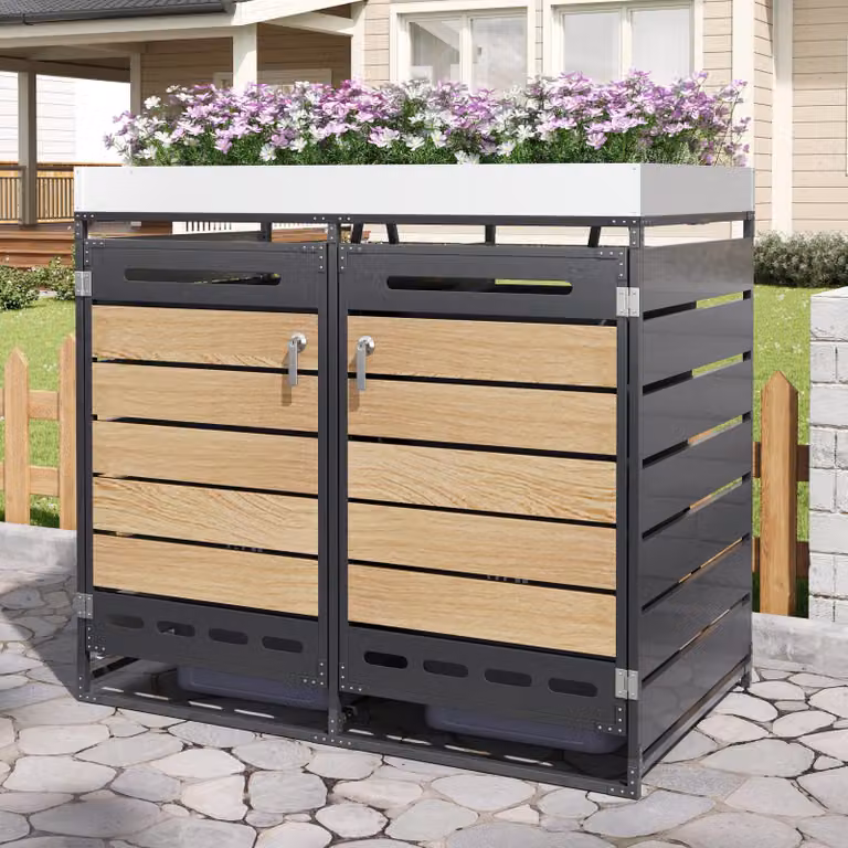 Merax Box per bidoni della spazzatura singolo con fioriera, rivestimento in metallo effetto legno, orizzontale, ventilato e chiudibile a chiave, box da giardino per bidoni della spazzatura, nero