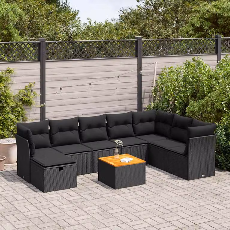 Set di divani da giardino vidaXL in polyrattan nero e marrone con 9 pezzi, inclusi cuscini e tavolino da esterno a forma di U