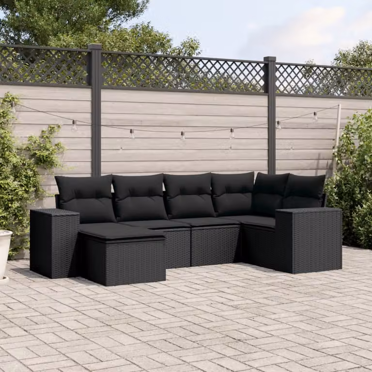Set Divano da Giardino a L vidaXL 6 pz con Cuscini Nero in Polyrattan e Acciaio