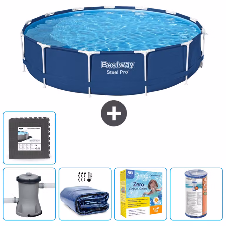 Piscina Bestway Round Steel Pro - 396 x 84 cm - blu - pompa inclusa - tenda da sole - pacchetto manutenzione - filtro - pavimento in piastrelle