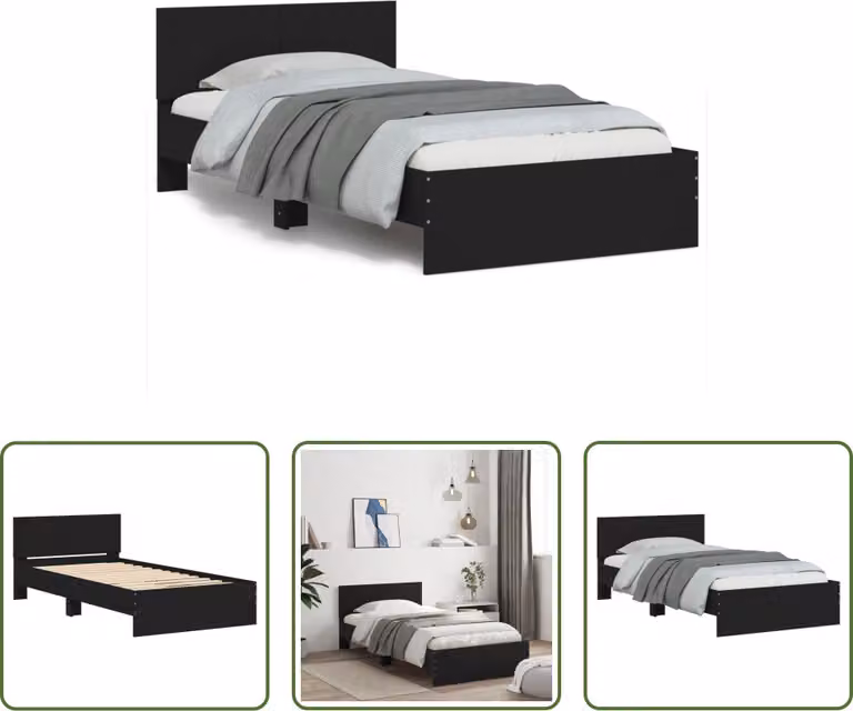 The Living Store Giroletto con testiera nero 100x200 cm in materiale ligneo