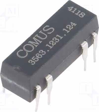 1x Relè: Contatto a montaggio su circuito stampato (THT), max. 100 VDC, 400 mA, 5 W. Bobina: 12 VDC. Connettore: DIP14. Codice prodotto: 3563.1231.124. Produttore: Elekt