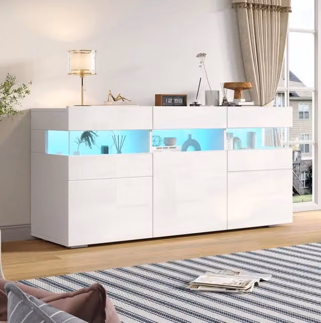 Credenza ULEVR 140x40,5x66,5 cm con 3 ante, 7 vani, LED controllabile da app e frontali bianchi lucidi