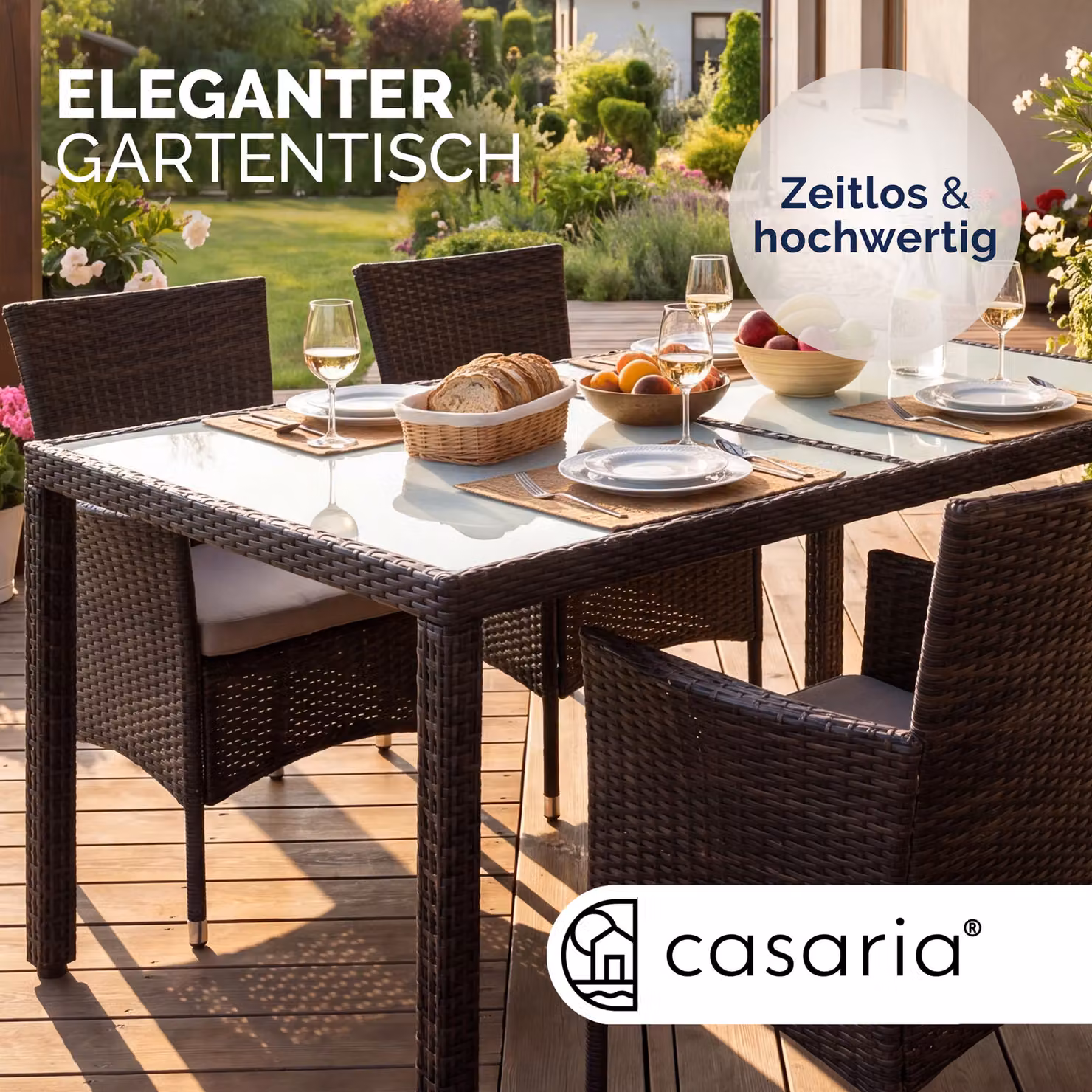 Tavolo da giardino rettangolare CASARIA in polyrattan marrone con piano in vetro satinato L: 150 cm, P: 90 cm, H: 75 cm – 2