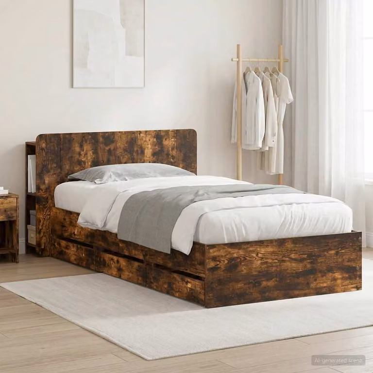 Struttura letto con contenitore e testata vidaXL in legno Rovere Fumo, L/P/H: 190 x 90 x 119,5 cm