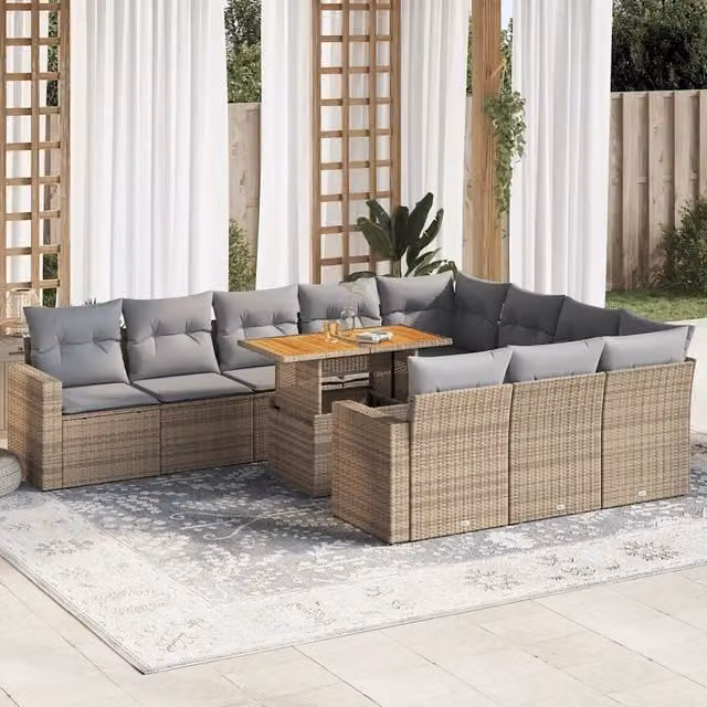 Set di divani da giardino vidaXL in polyrattan e legno di acacia oliato con 11 pezzi e cuscini beige e grigi