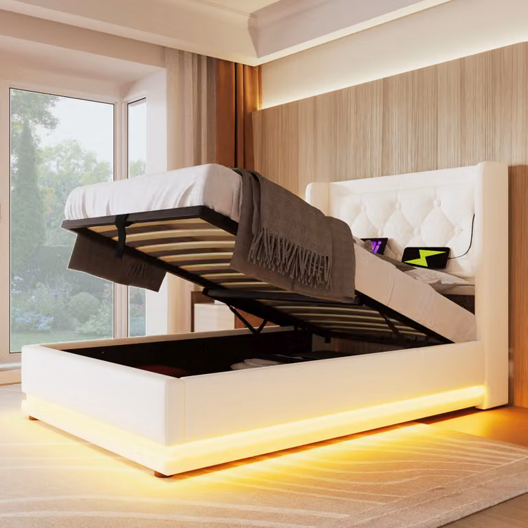Letto imbottito STILVORA 90x200 cm con spazio contenitore, letto per ragazzi con illuminazione LED, testiera imbottita con funzione di ricarica USB di tipo C, bianco (con materasso incluso)