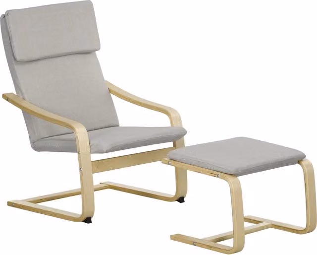 Poltrona relax con poggiapiedi XYLO in tessuto effetto lino grigio chiaro e gambe in legno naturale