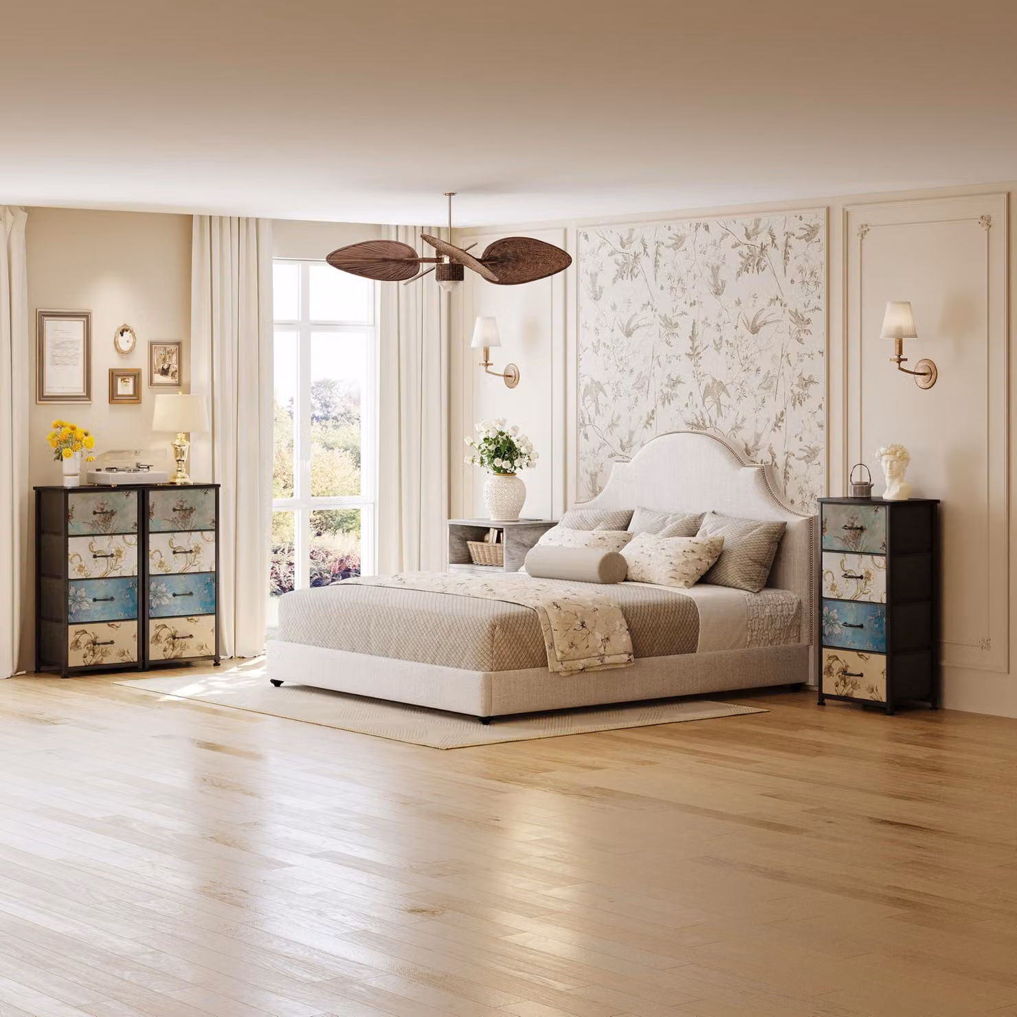 Comodino con 4 cassetti, rivestito in tessuto, struttura in metallo, dimensioni approssimative: 60x40x70 cm, ideale per la camera da letto