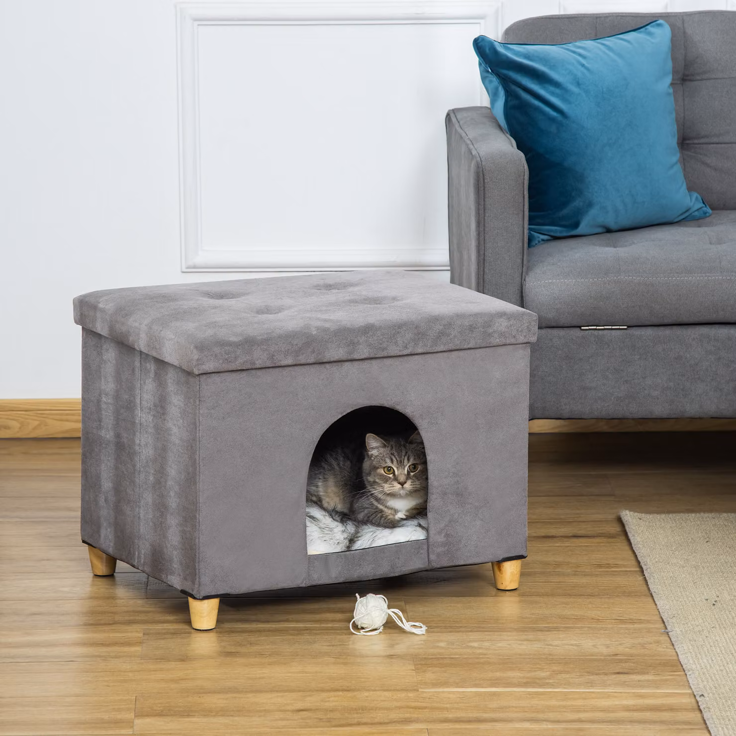 PawHut Casetta per Gatti e Pouf Poggiapiedi Imbottito con Cuscino Rimovibile e Lavabile, Grigio Aosom – 2