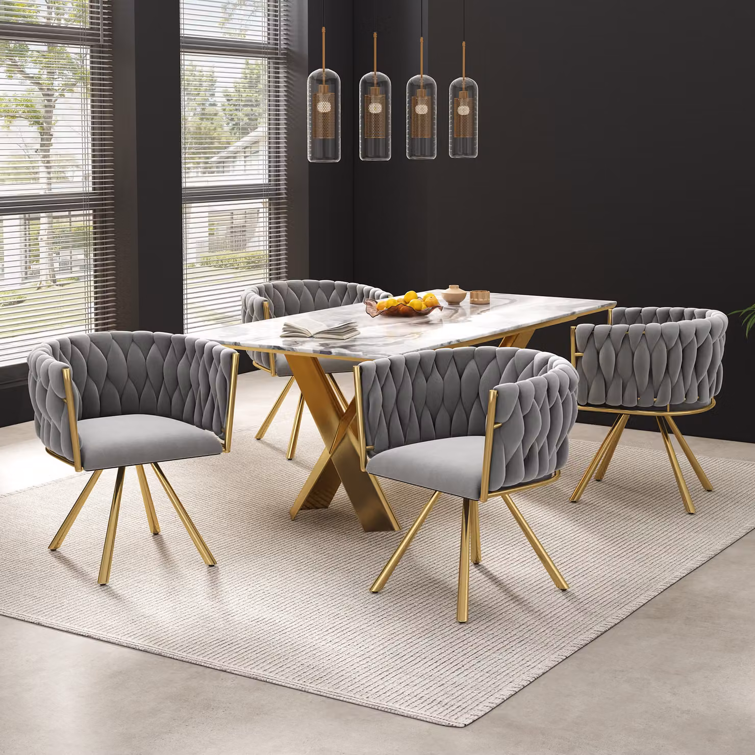okwish Sedia da pranzo girevole, in velluto, set di 4 pezzi, singola, color crema, sedia girevole per il soggiorno, con 4 gambe in metallo, grigio e oro