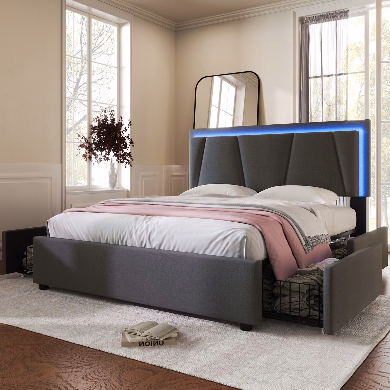 Letto imbottito Flieks 160x200cm con rete a doghe, letto contenitore con 2 cassetti, letto matrimoniale per ragazzi con testata regolabile, biancheria da letto in legno, grigio