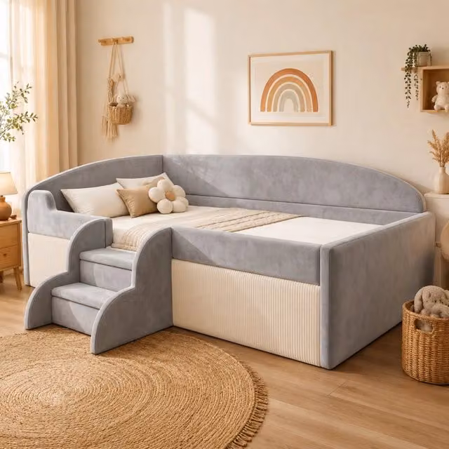 Letto imbottito per bambini Mivray in velluto grigio con sponde, gradini e rete a doghe, L/P: 90 x 190 cm