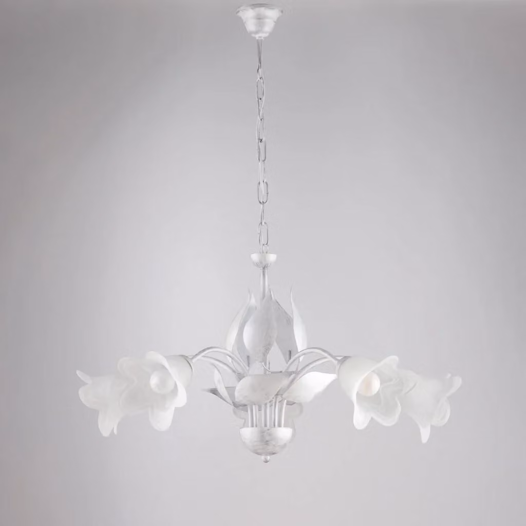 Lampadario a sospensione Olga BeLight con 5 luci in metallo e vetro, Bianco e Argento, regolabile e dimmerabile – 2