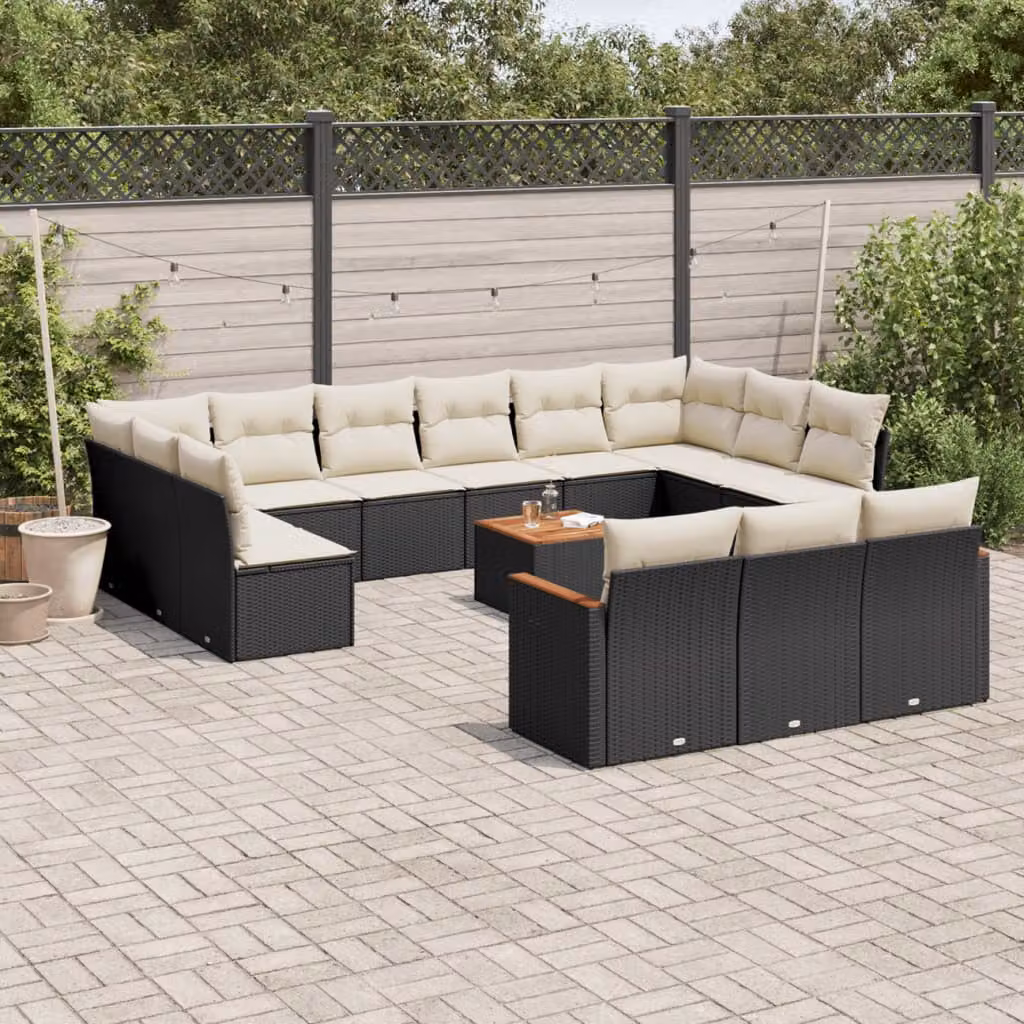 Set di divani da giardino vidaXL a forma di U in polyrattan nero con cuscini e tavolino da caffè per esterno – 1
