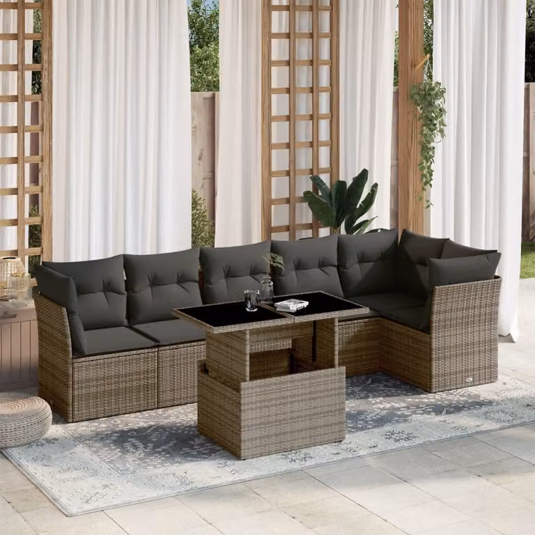 Set Divani da Giardino vidaXL 7 pz in Polyrattan Grigio con Cuscini e Tavolino