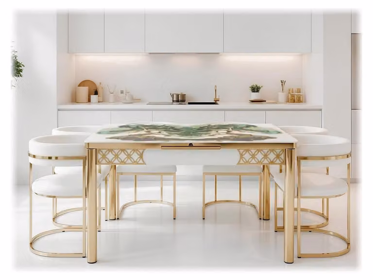 Tavolo da pranzo, multicolore, design moderno ed elegante, in legno e con piano in marmo