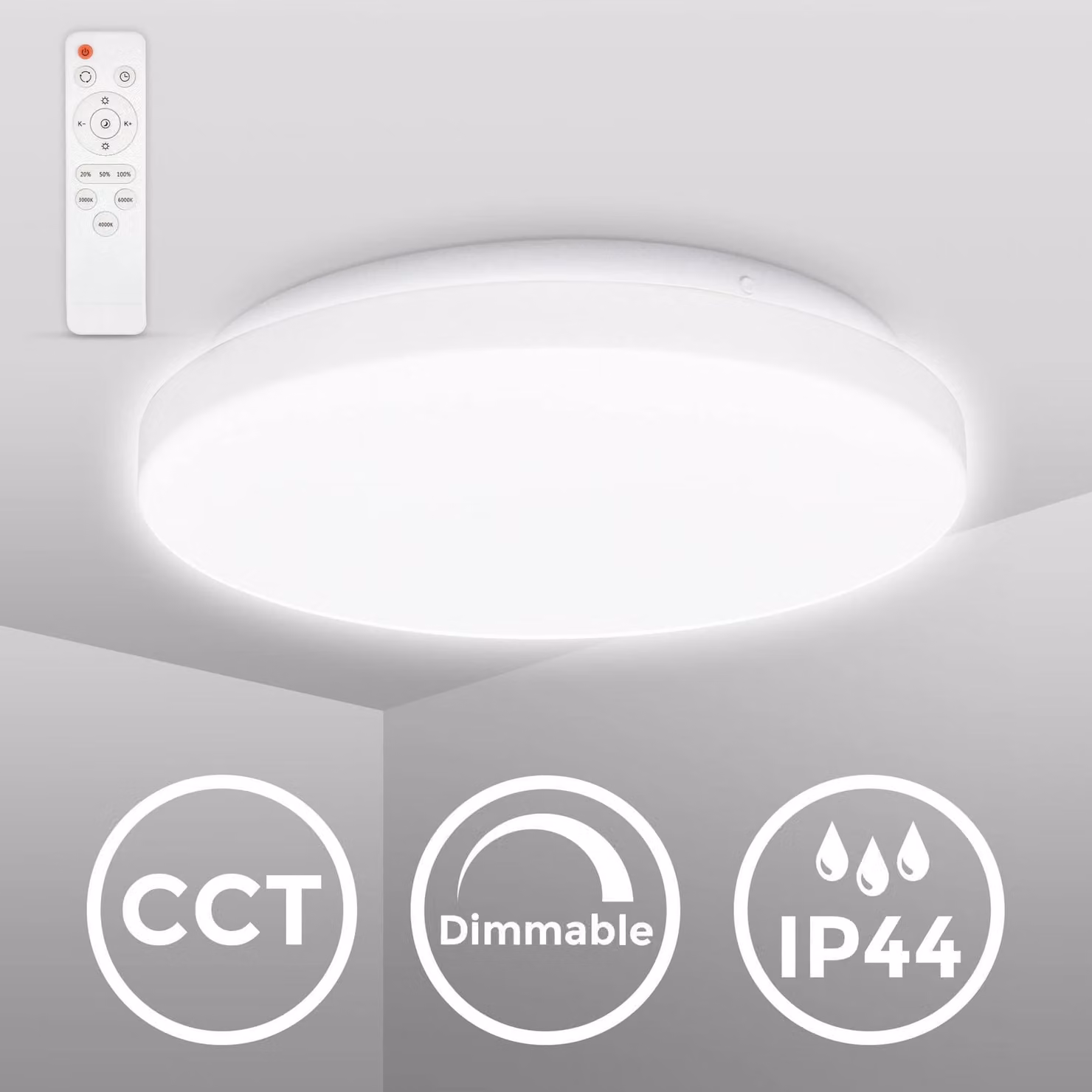 B.K.Licht 12W Plafonera LED per bagno dimmerabile, luce da calda a fredda CCT, IP44 resistente agli schizzi dacqua, 1200lm, telecomando, lampada da soffitto con diametro 288mm
