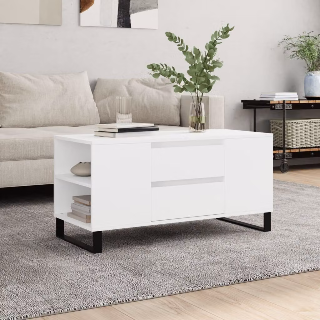 vidaXL Tavolino da Salotto Moderno Bianco in Legno e Metallo L: 102 cm, P: 44,5 cm, H: 50 cm