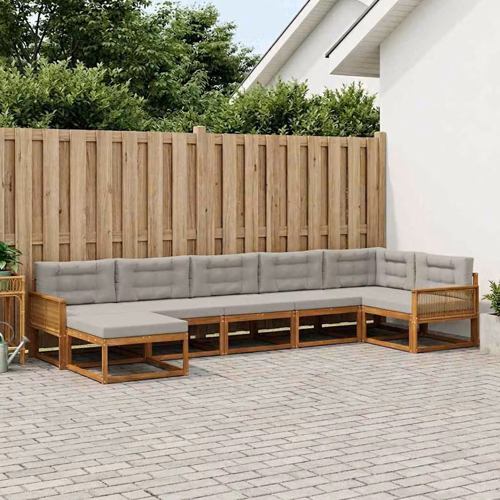 vidaXL Set di divani da esterno a forma di U composto da 7 pezzi in legno di acacia con cuscini beige e grigi