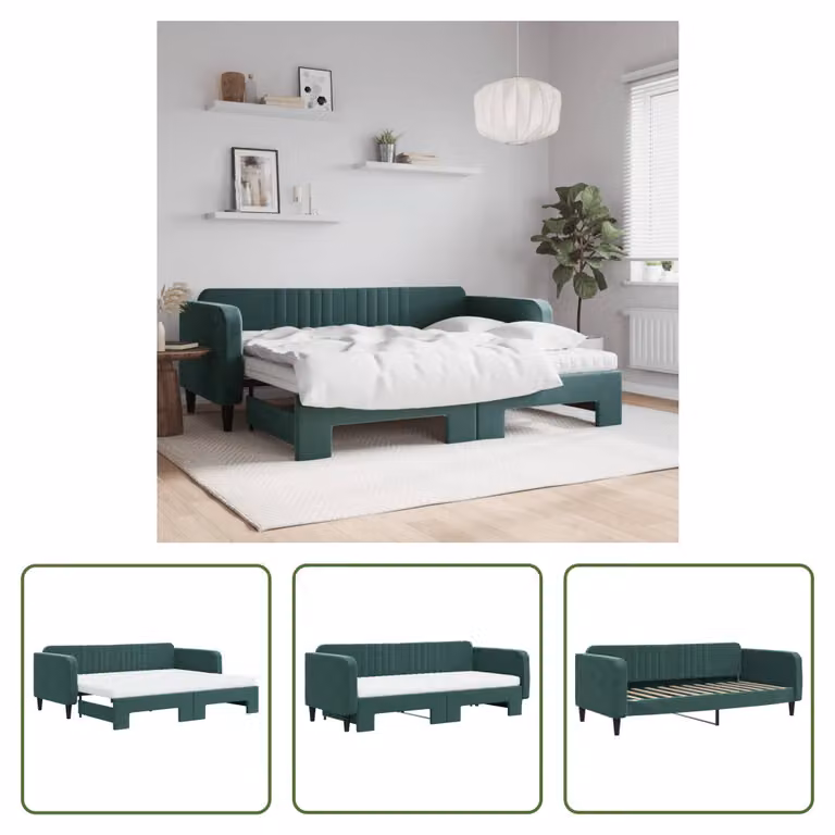 The Living Store Letto da giorno allungabile con materassi Verde scuro 90x200 cm in velluto