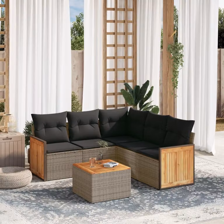 vidaXL Set Divano da Giardino 6 pz a L in Polyrattan Grigio con Cuscini e Tavolino
