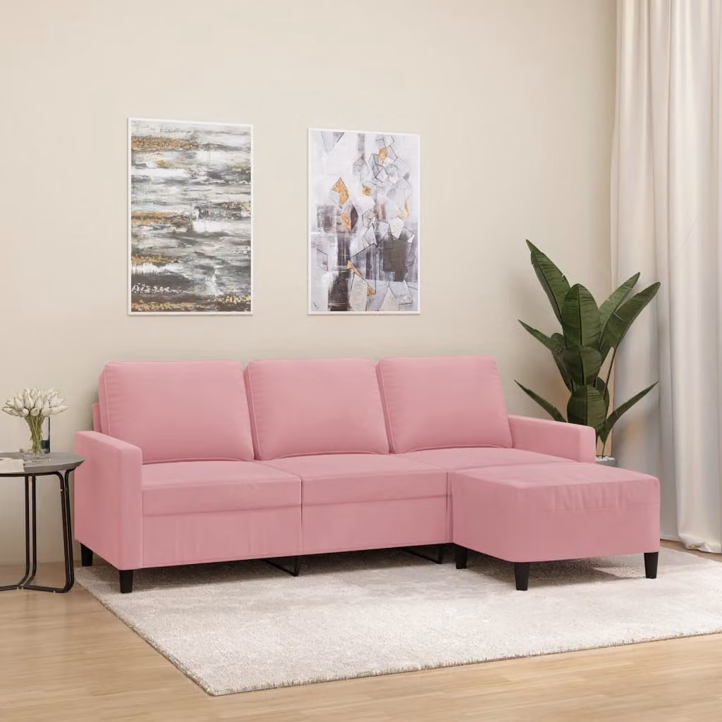 vidaXL Divano a 3 Posti con Poggiapiedi Rosa in Velluto Moderno – 1