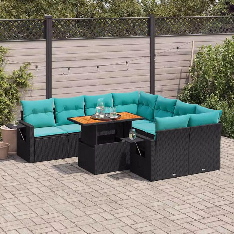 Set di divani da giardino vidaXL 9 pz a forma di U con cuscini blu e struttura in polyrattan nero e acciaio